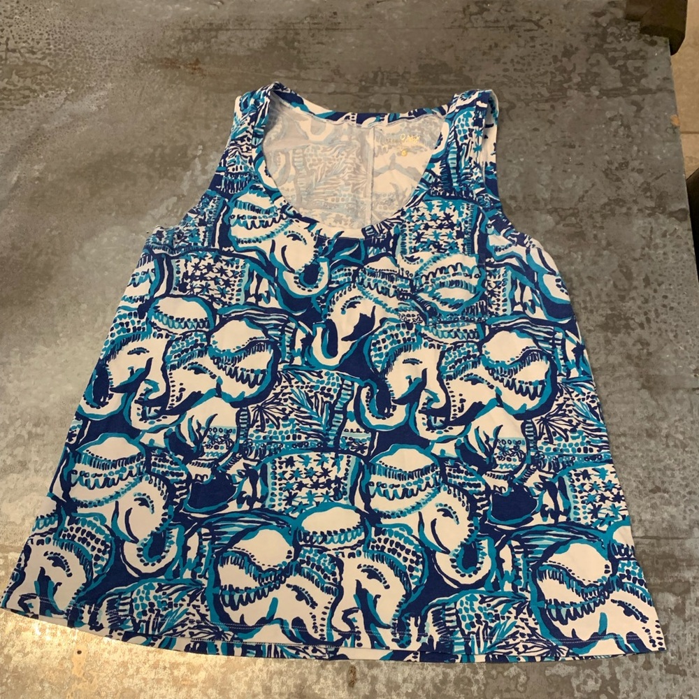 Lilly Pulitzer Tank Top Medium Blue White Elephant Crayton Pocket Cotton Blend